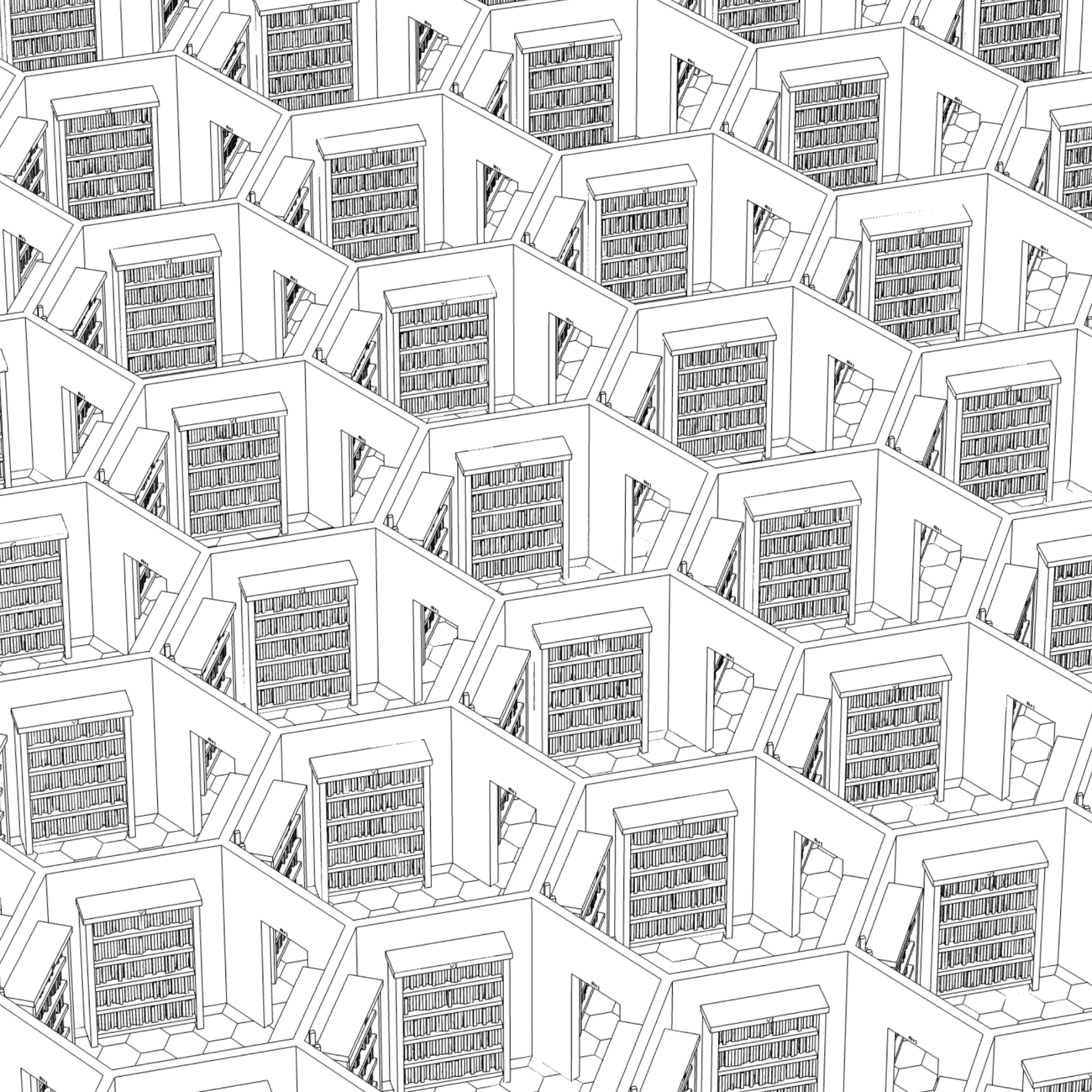 Isometric view of countless book-filled hexagonal galleries connected by bridges and spiral stairs, continuing beyond every edge of the image
