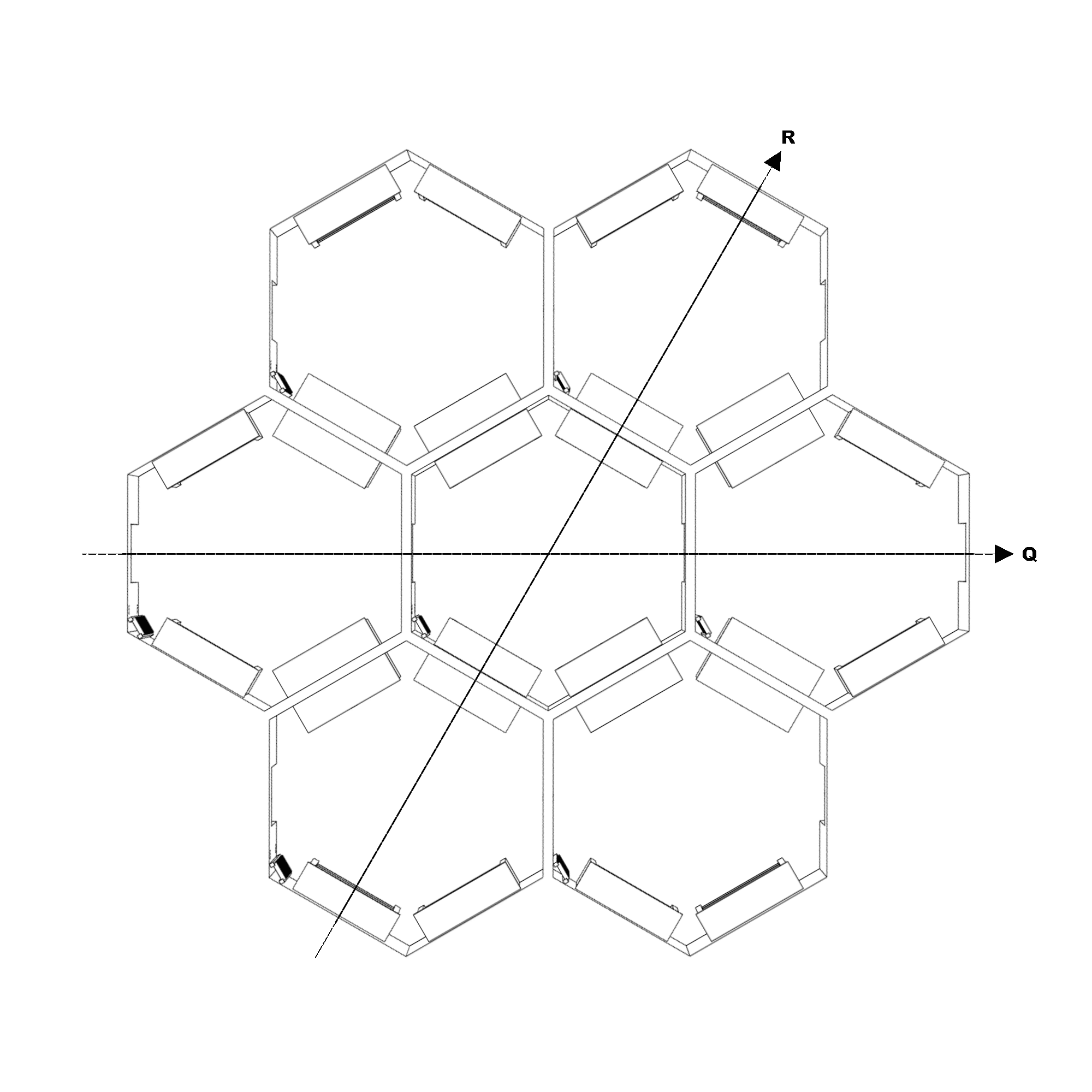 Plan of a hexagonal gallery showing 4 walls of 5 bookcases, 2 opposing doors, a horizontal Q axis and an R axis inclined at 60°
